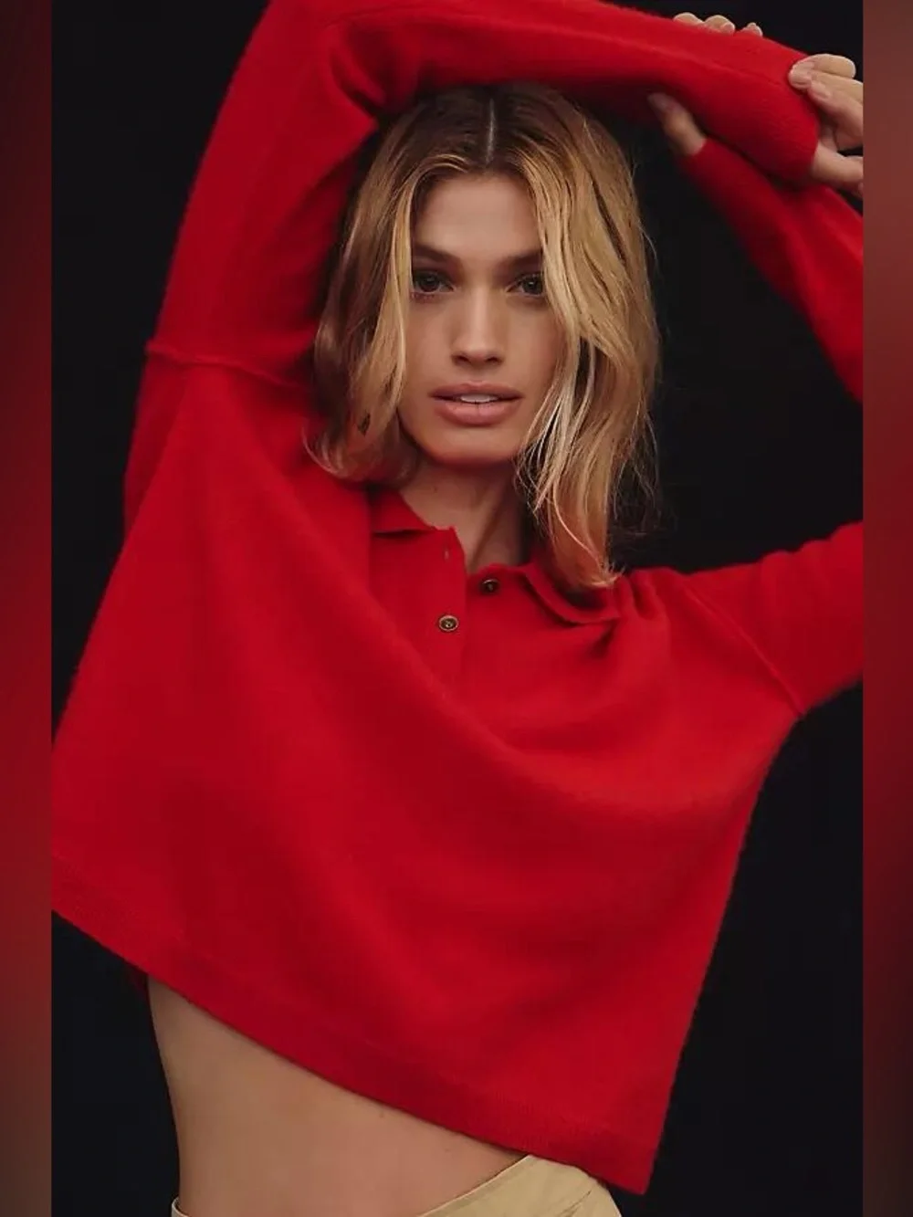 Pilcro Anthropologie Cashmere Cropped Polo Sweater Red Size L Soft Luxe